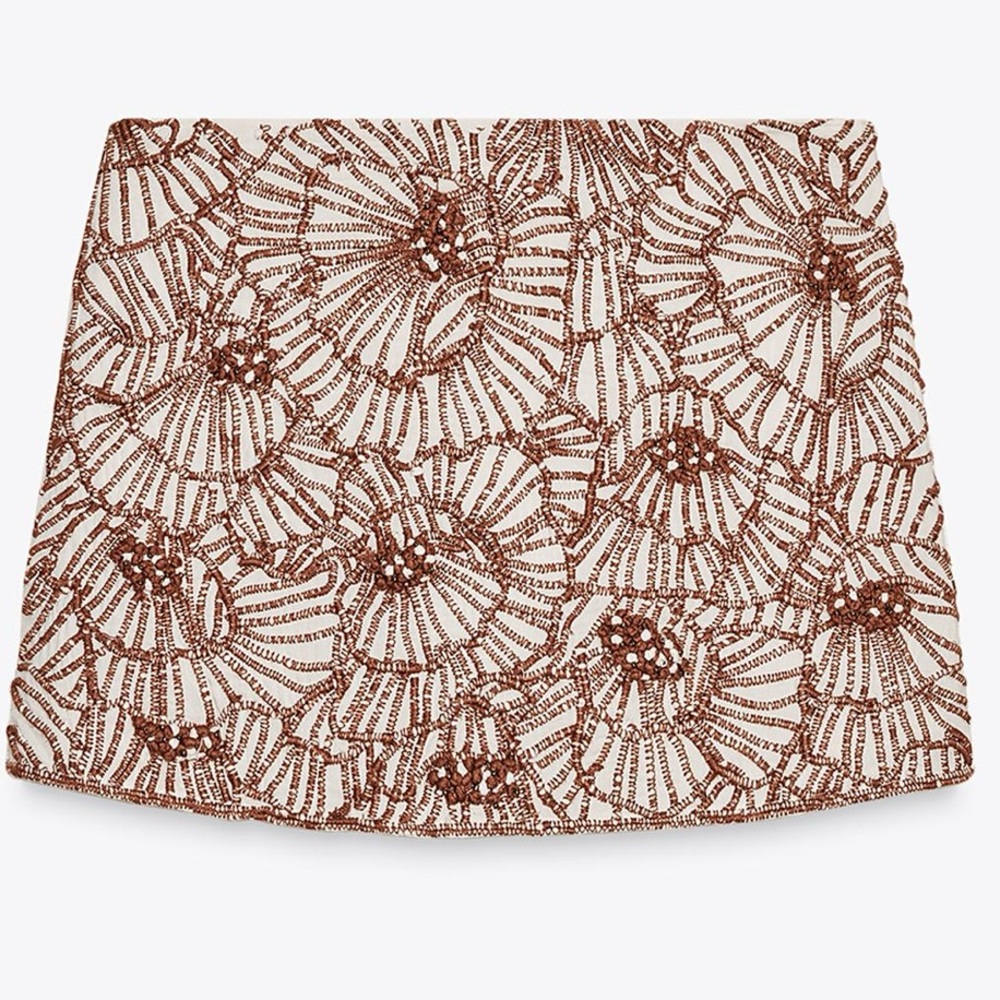NWT Zara Boho Chic Beaded Floral Mini Skirt Ecru Brown Embroidered Small